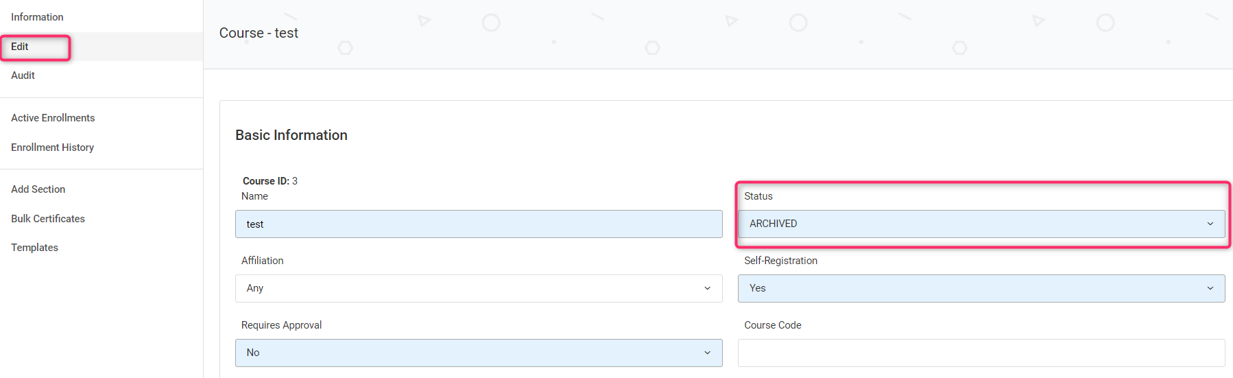 Screenshot of Editing Courses