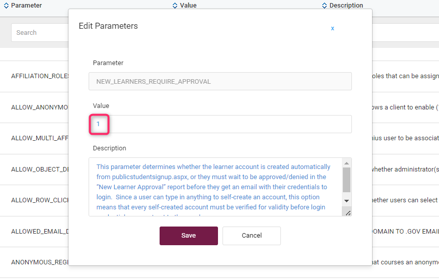 Screenshot of Paramaters to Enable Approval Process