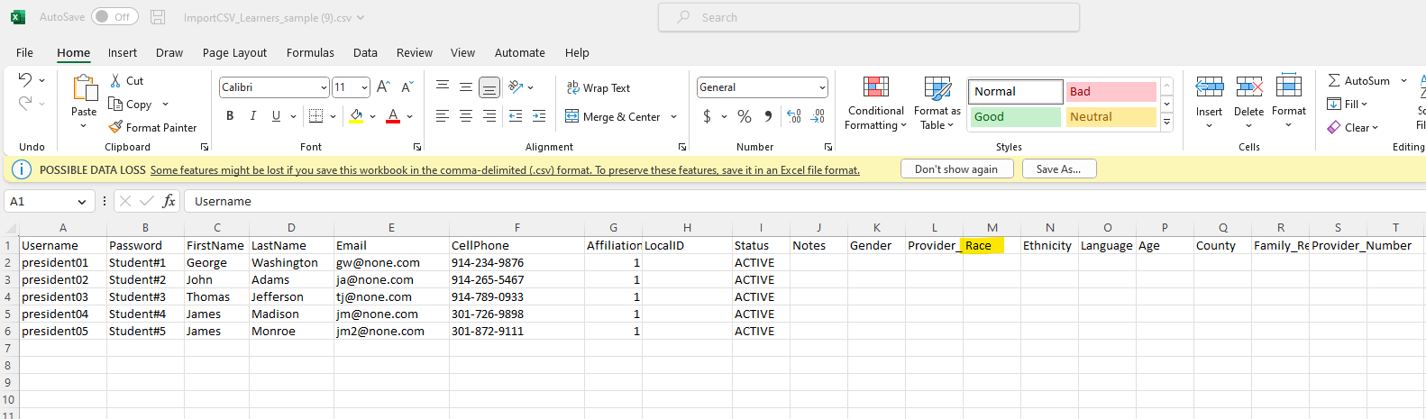Example of Excel Template