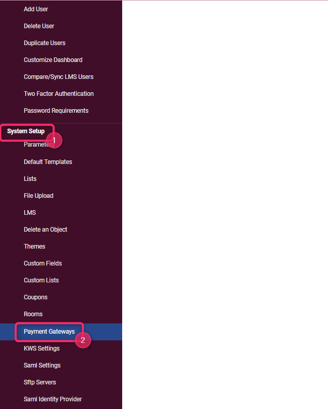 Screenshot of Payment Gateway Tab in Lefthand Menu