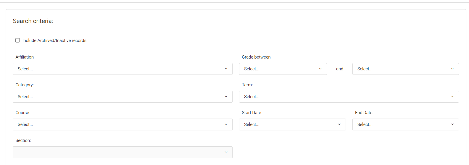 Screenshot of Search Criteria for Bulk Enrollments