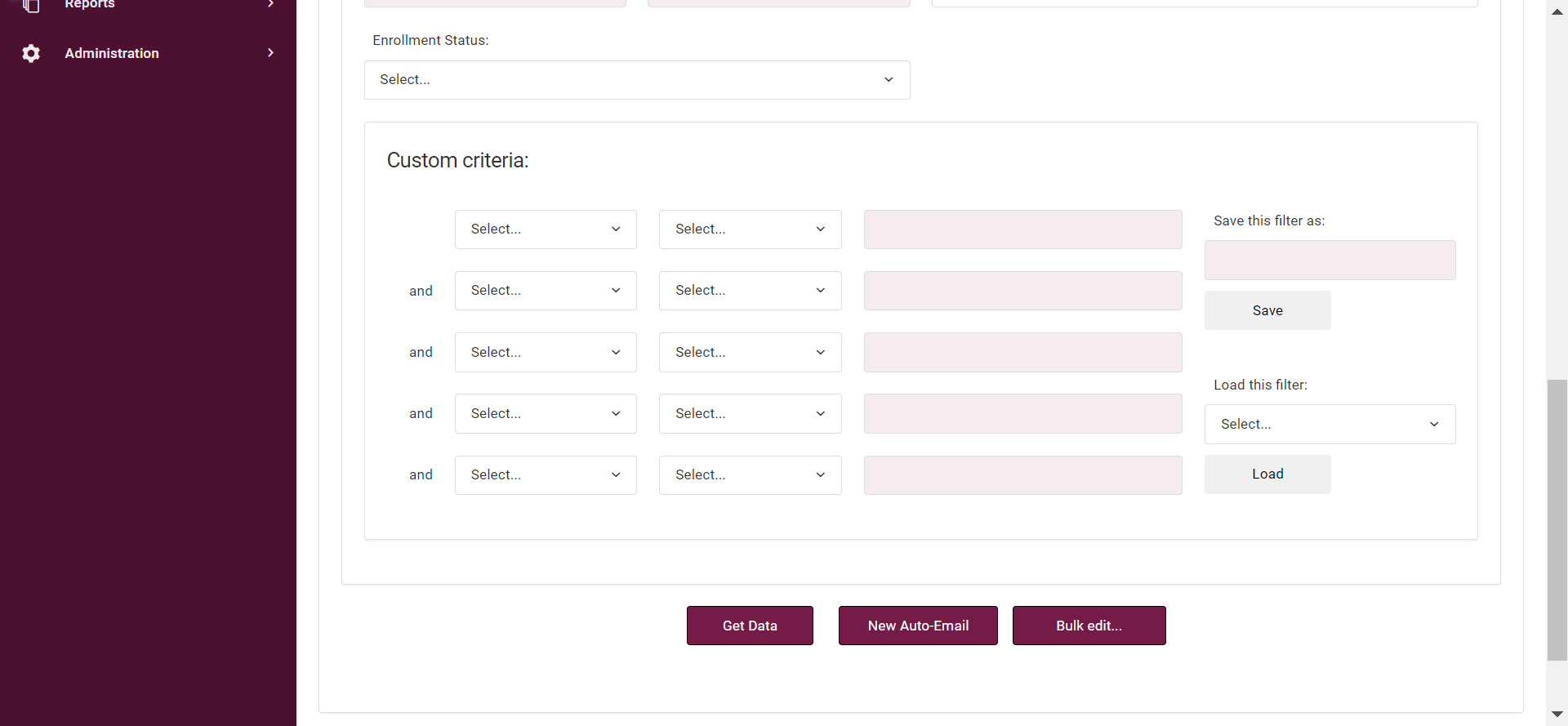 Screenshot of Action Options on Bulk Enrollment