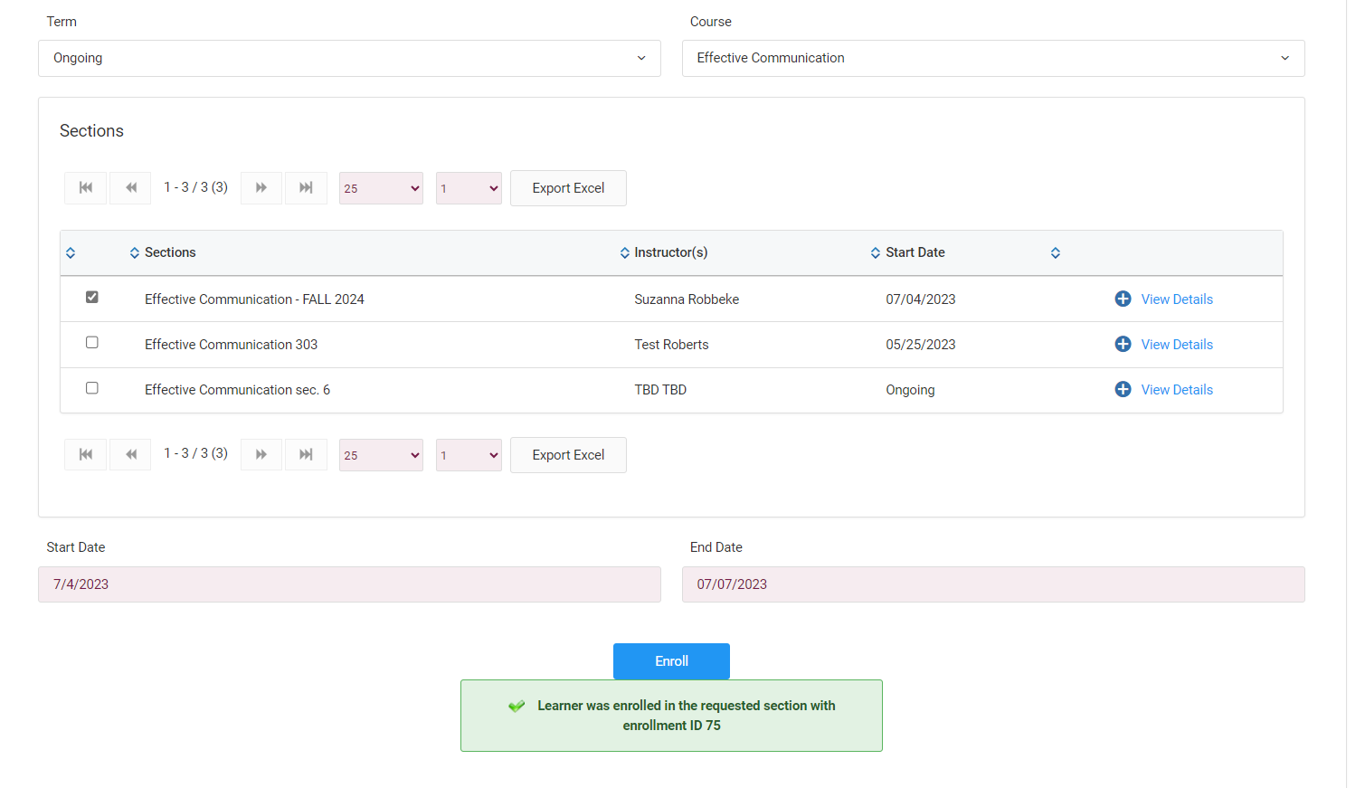 Screenshot of Enrolling Learner in a Section