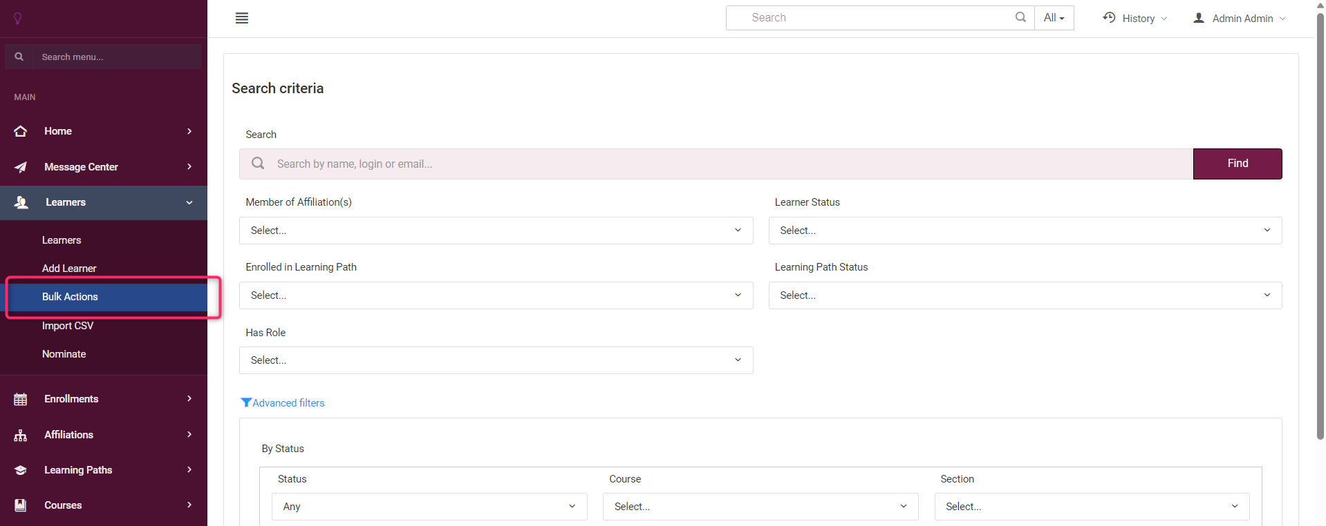 Screenshot of Bulk Actions for Enrollment