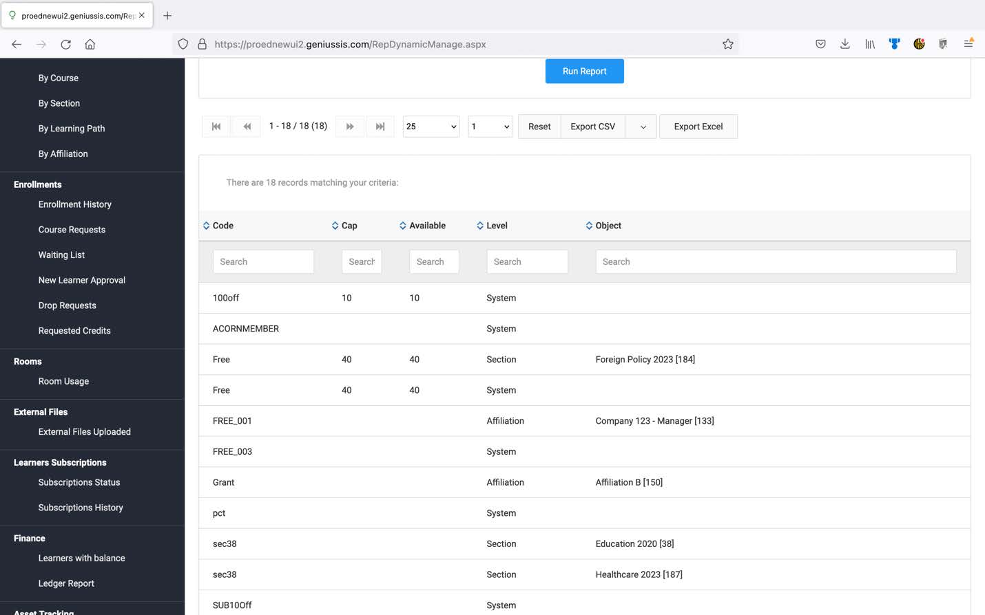 Screenshot of Available Coupons Report