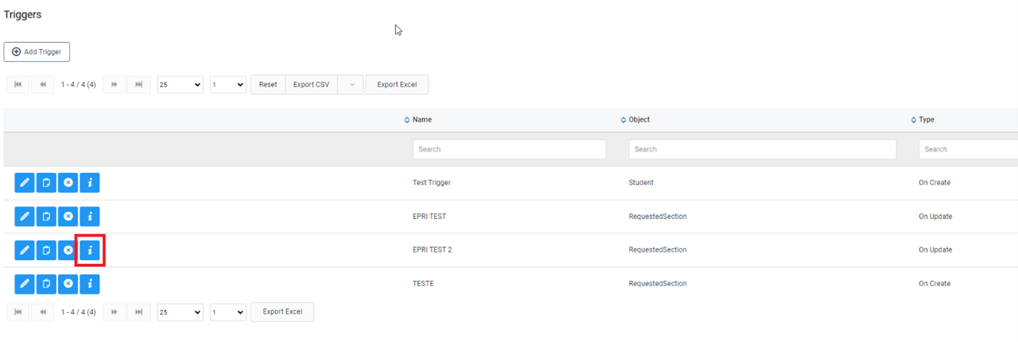 Screenshot of Triggers Information Button