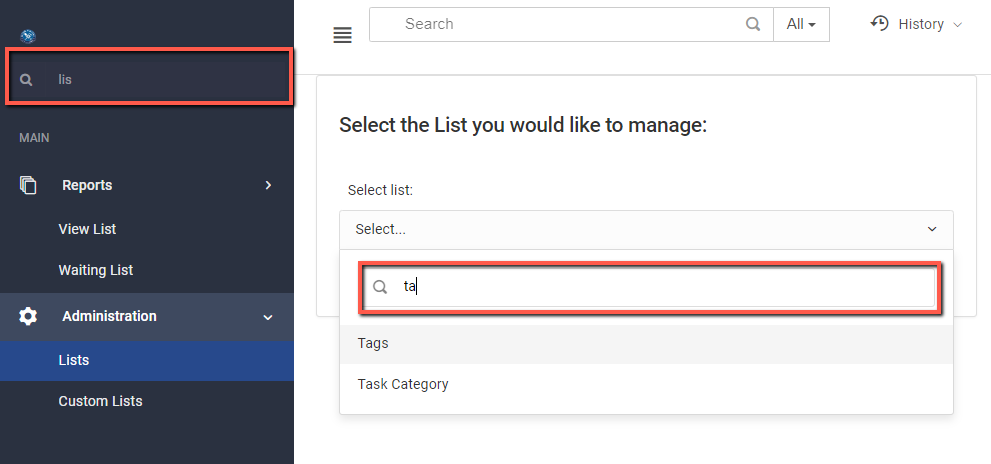 Screenshot of List Editing