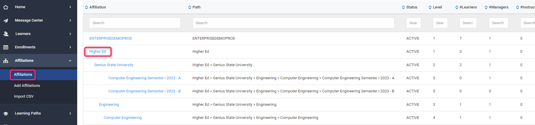 Screenshot of Affiliations Management