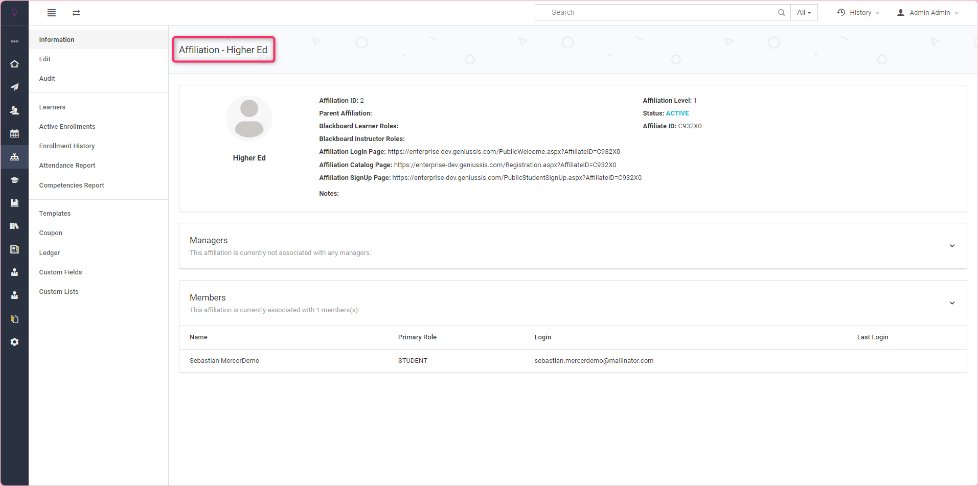 Screenshot of an Affiliation Page