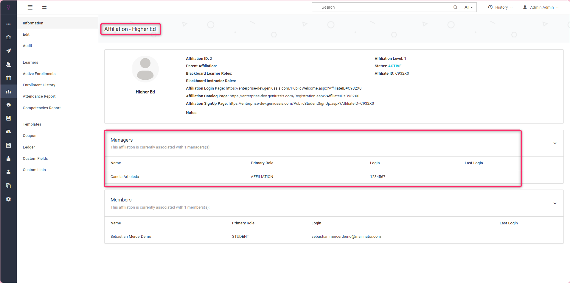Screenshot of Where to View all Affiliation Managers
