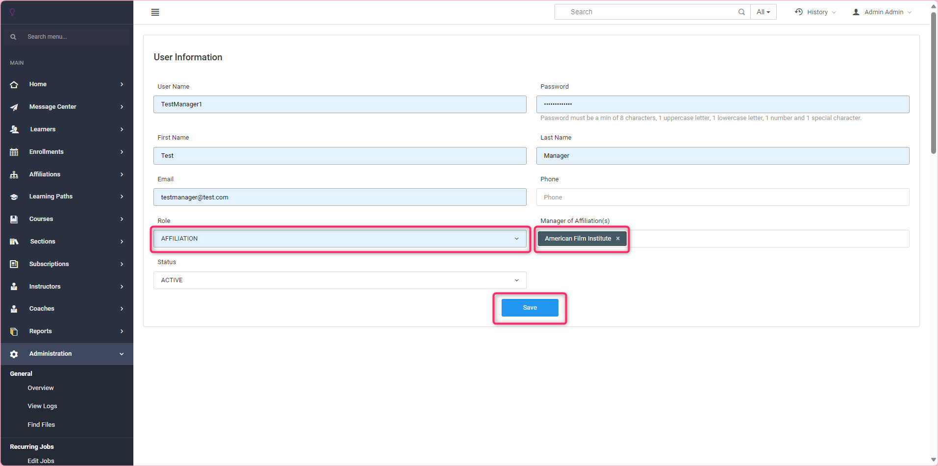 Screenshot of Adding a Role to a User