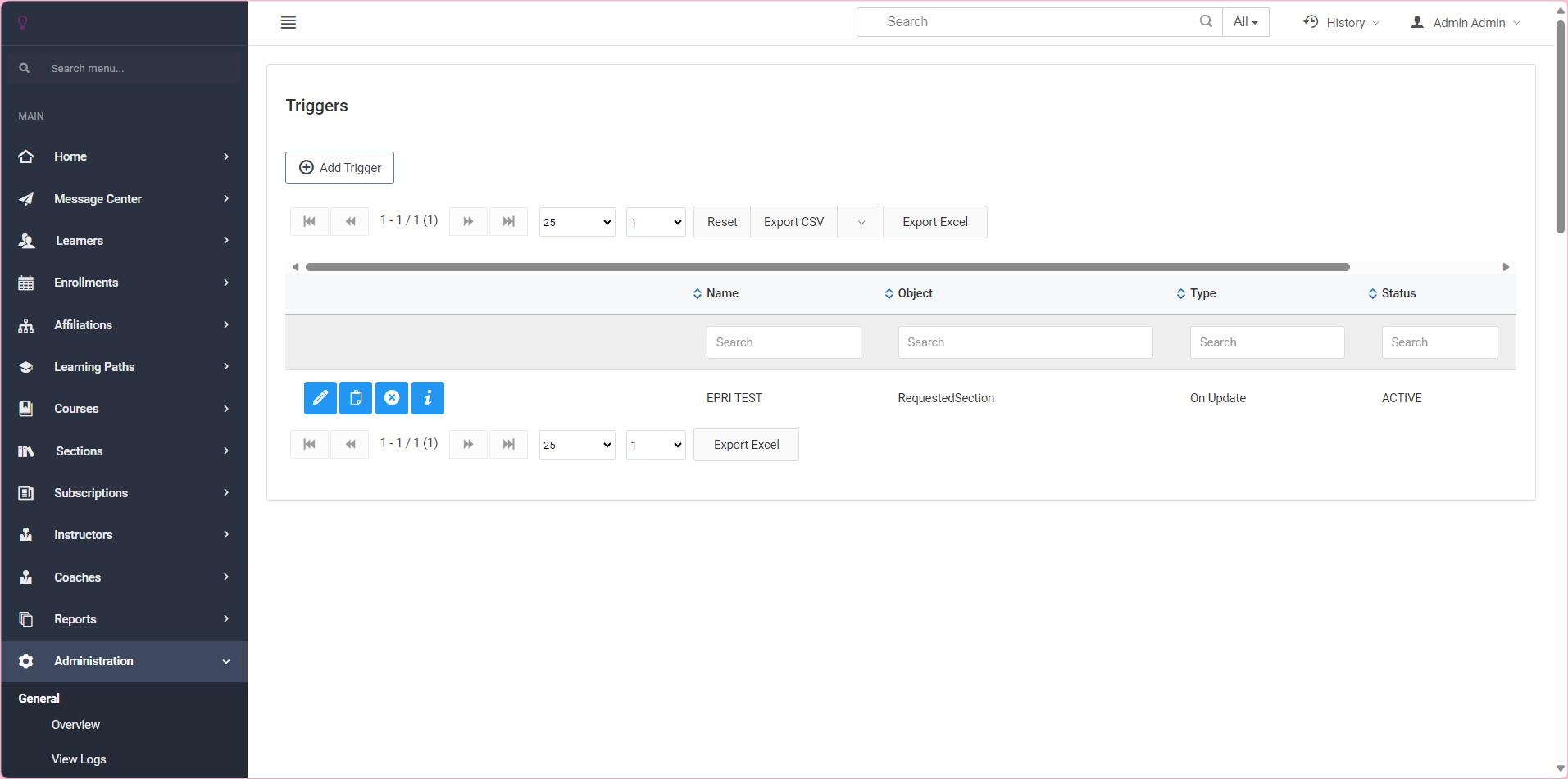 Screenshot of Triggers Page