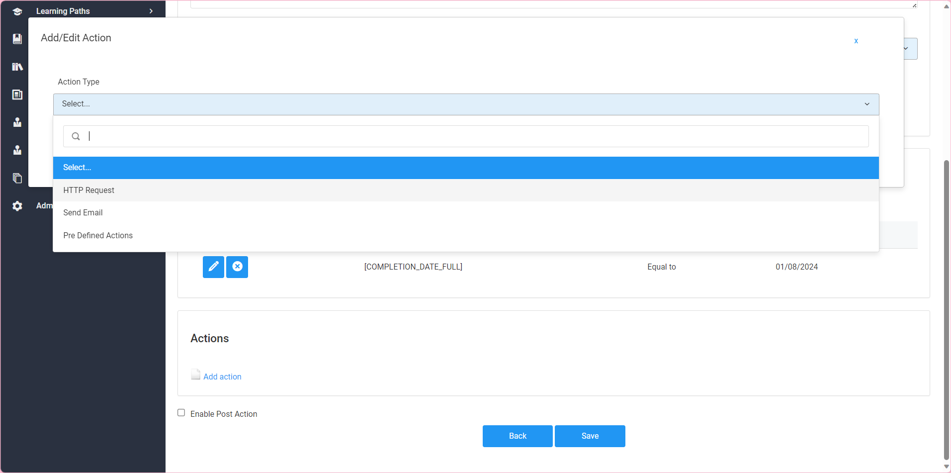 Screenshot of Action Types and Dropdown