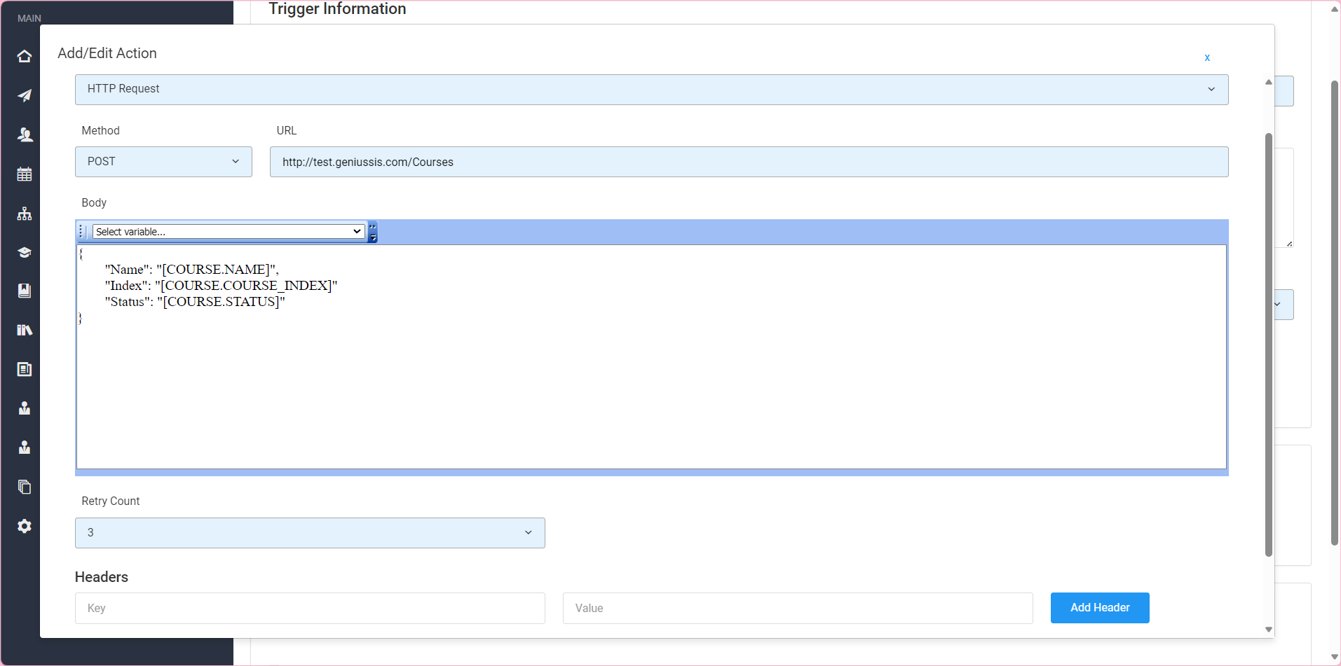 Screenshot of Example Variables for a Trigger