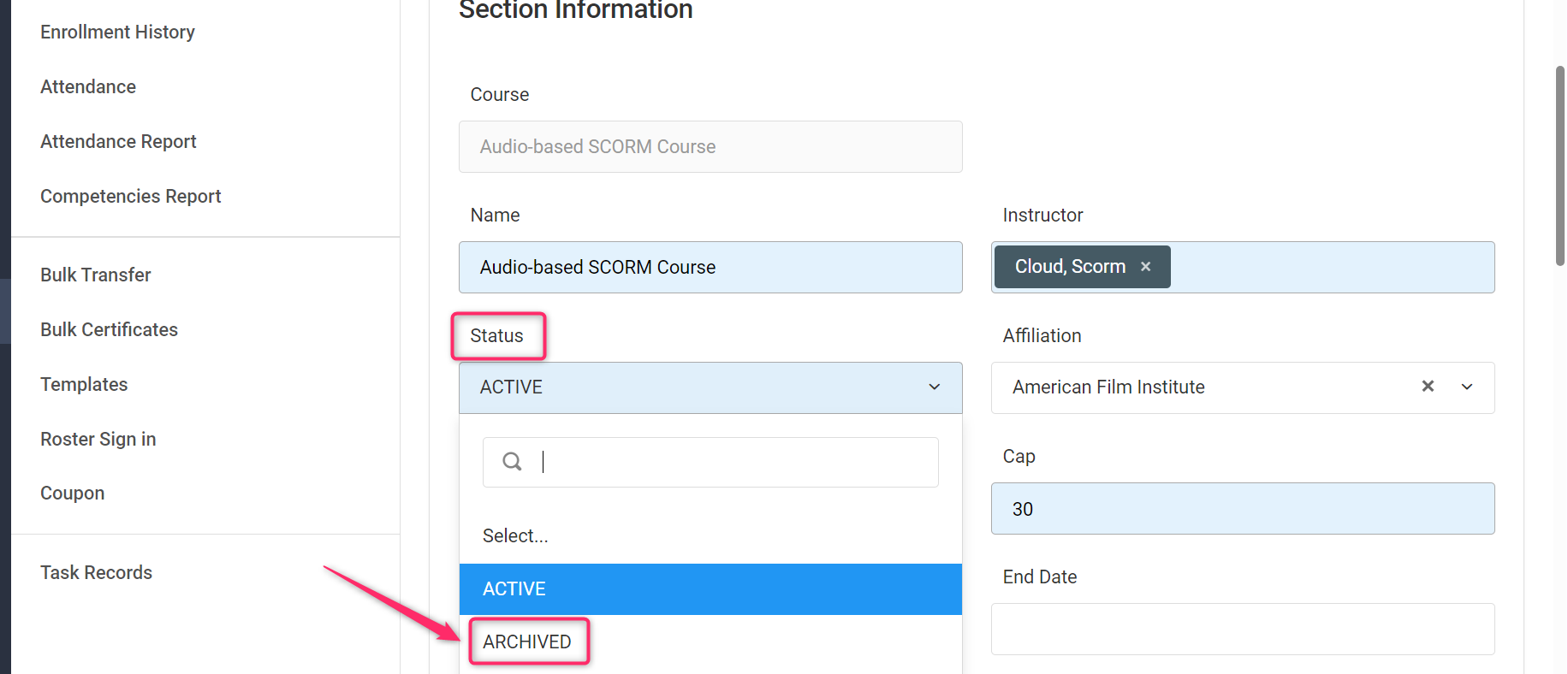 Screenshot of Section Statuses