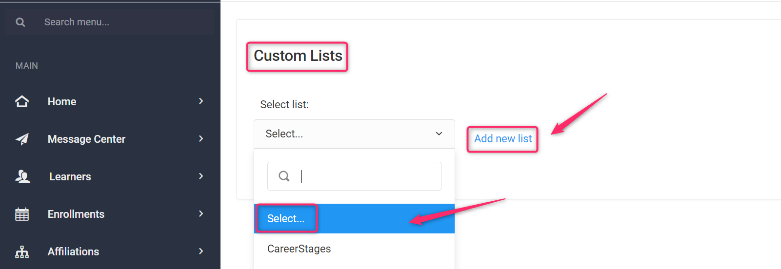 Screenshot of Custom Lists