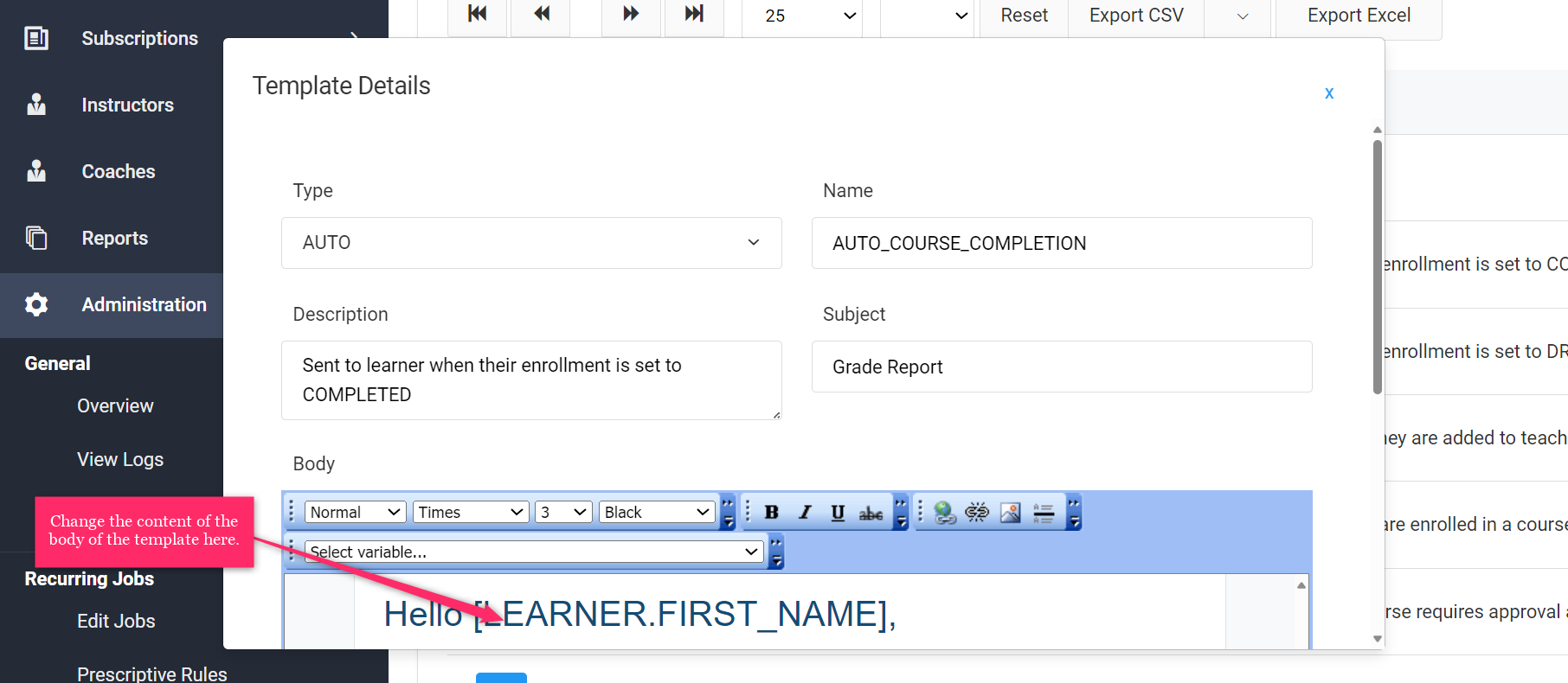 Screenshot of Editing an Email Template