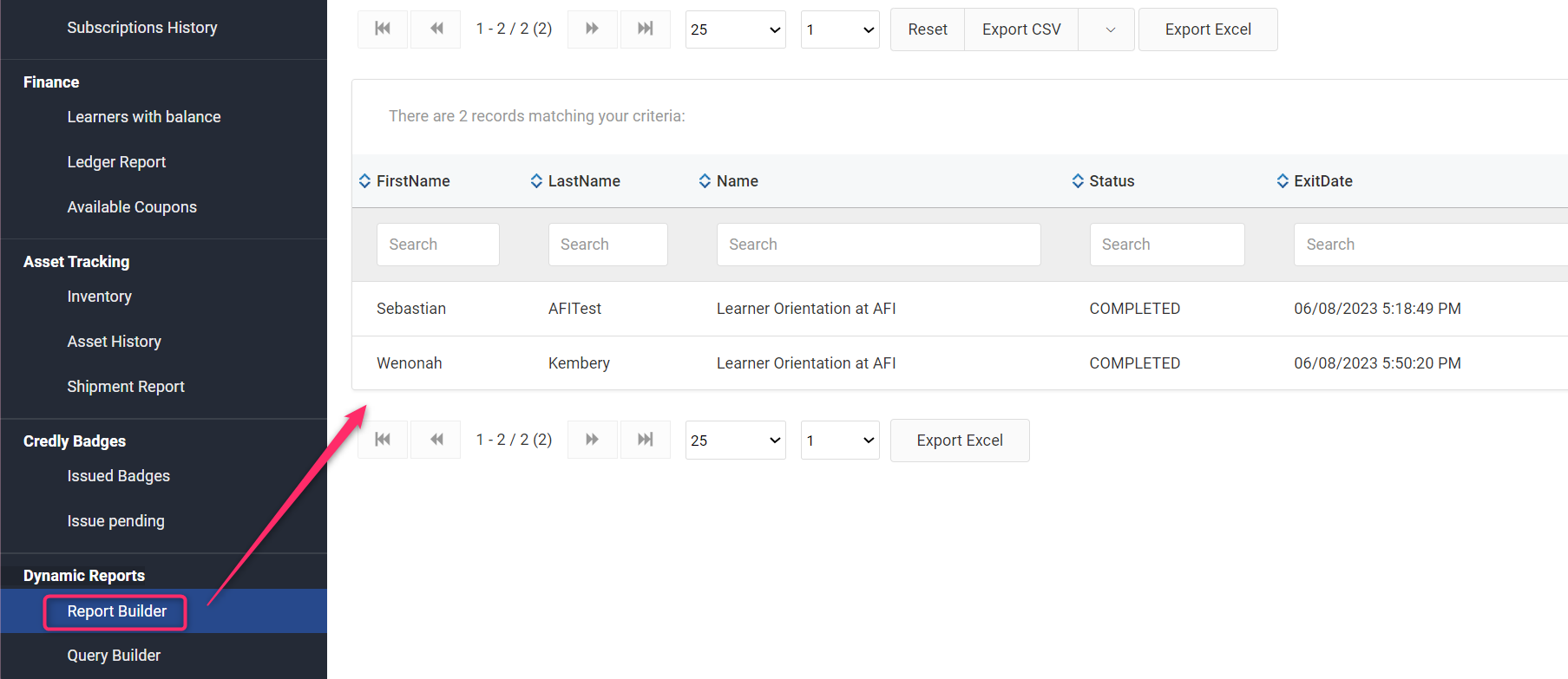 Screenshot of Report Builder Returns