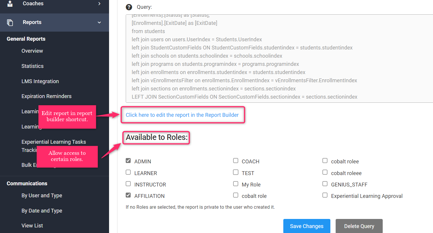 Screenshot of Query Builder and Visibility Settings