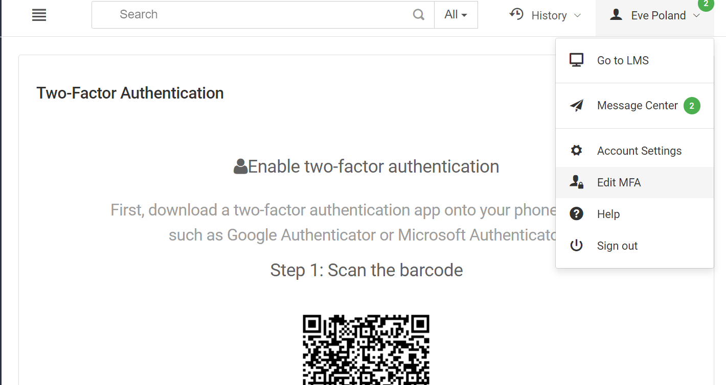 Screenshot on Enabling Two Factor Authentication