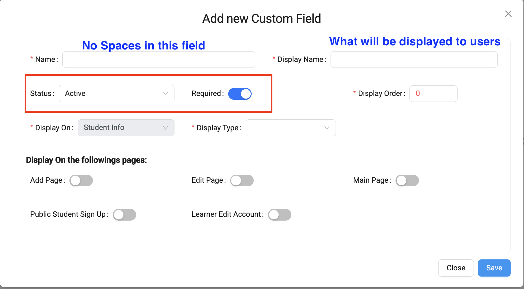 Screenshot of Add New Custom Fields Status