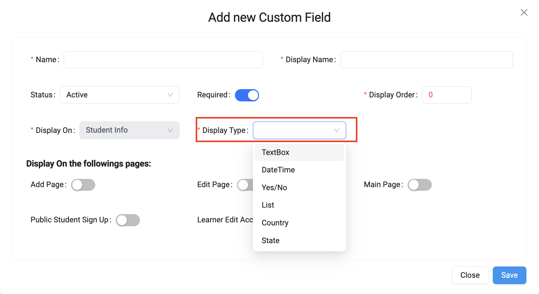 Screenshot of Add New Custom Field with Display Type