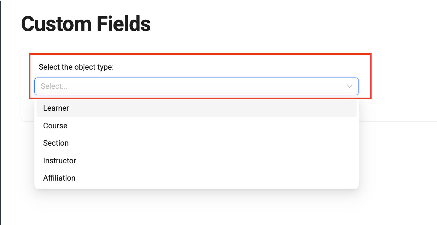 Screenshot of Custom Field Object Types