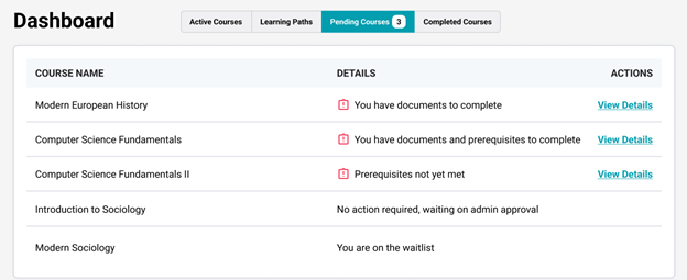 Screenshot of Pending Courses