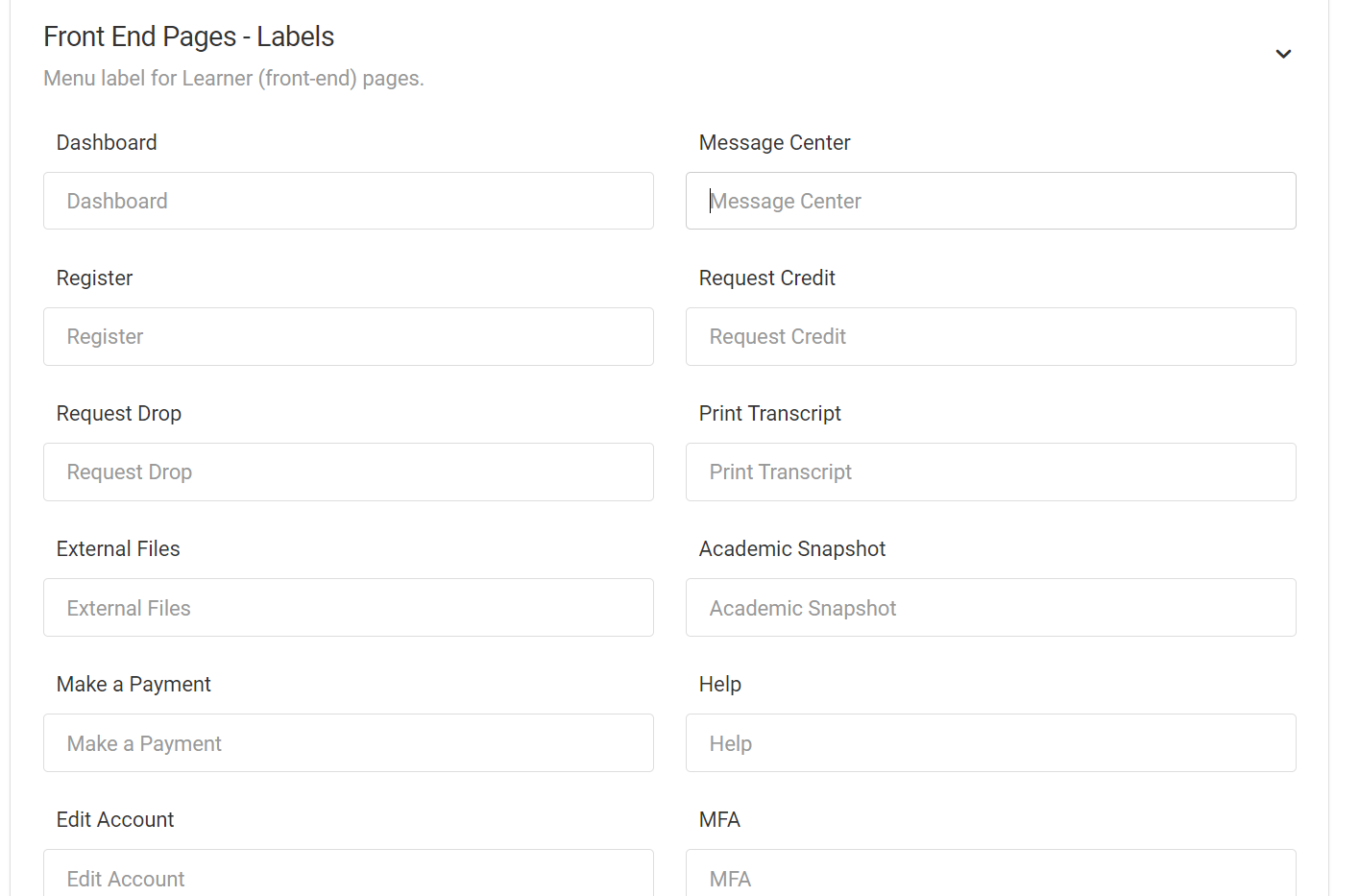 Screenshot of Front End Page Labels