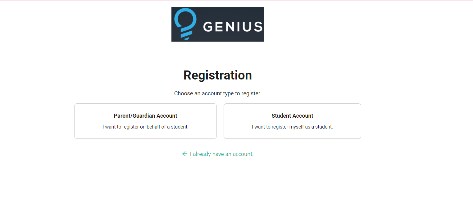 Screenshot of Registration Chose of Guardian or Student