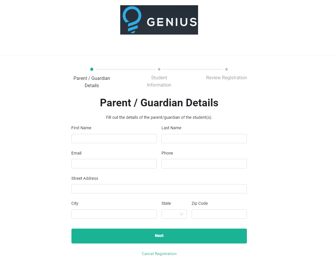 Screenshot of Parent Registration