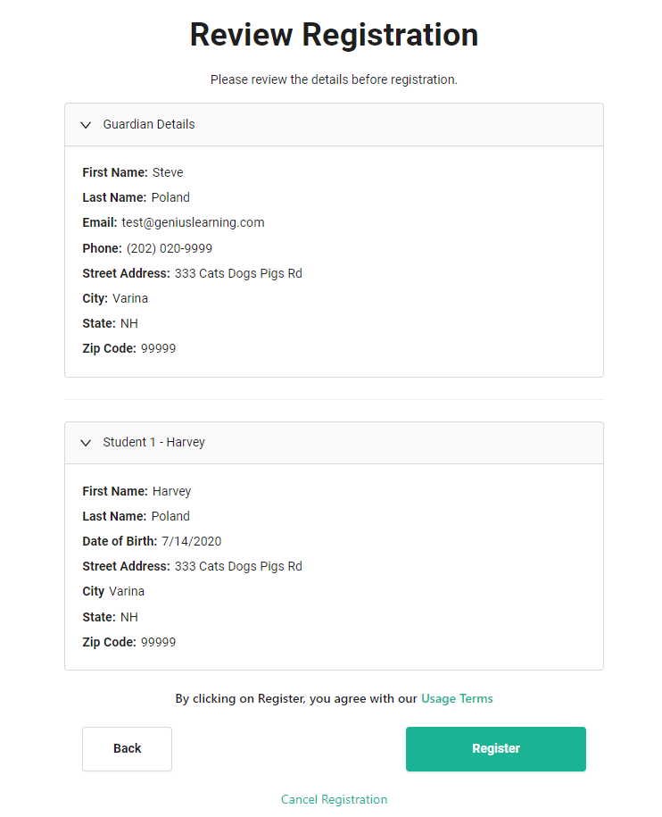 Screenshot of Review Registration