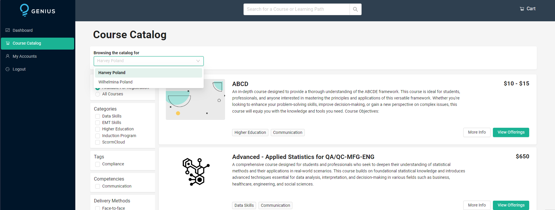Screenshot of Course Catalog