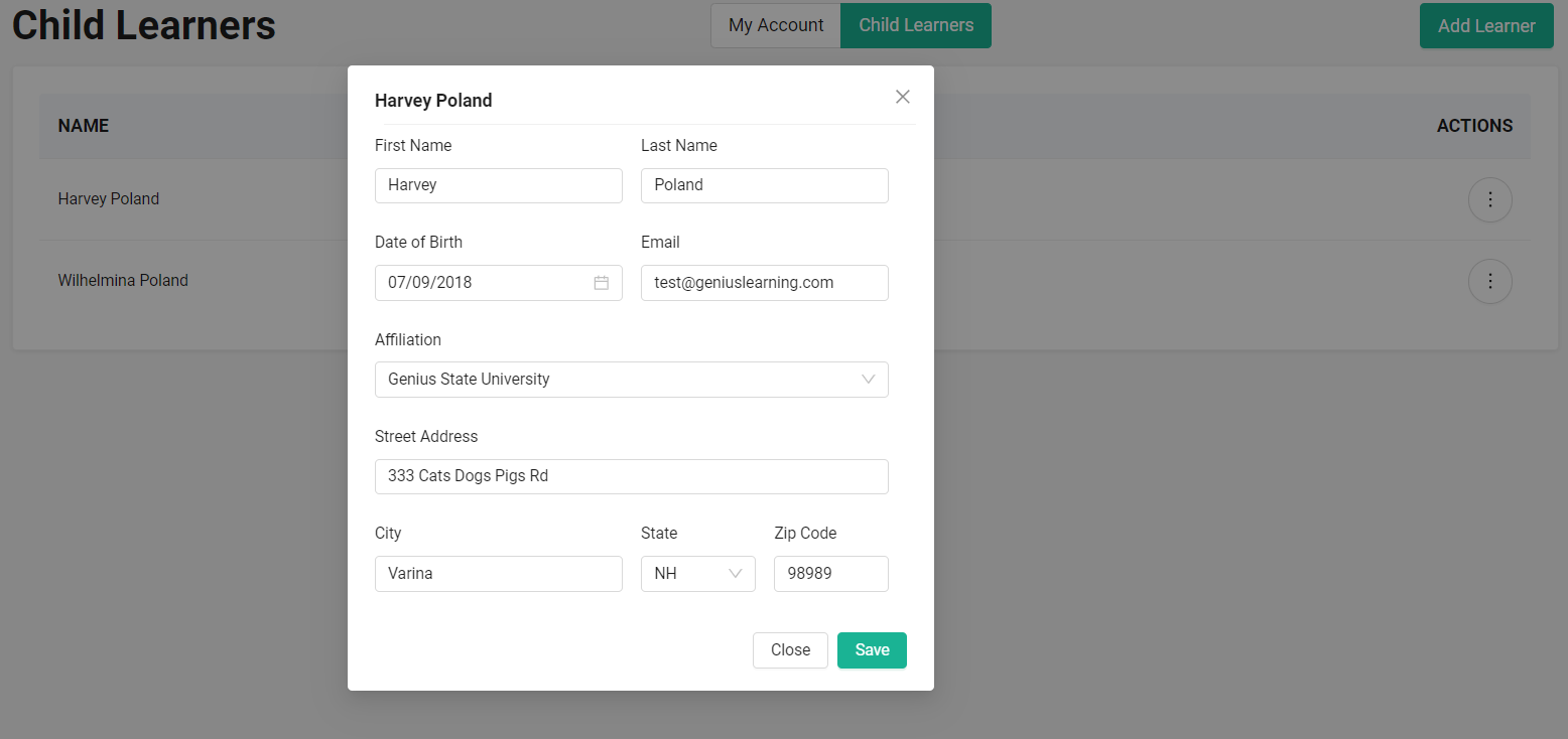 Screenshot of Edit Child Learner