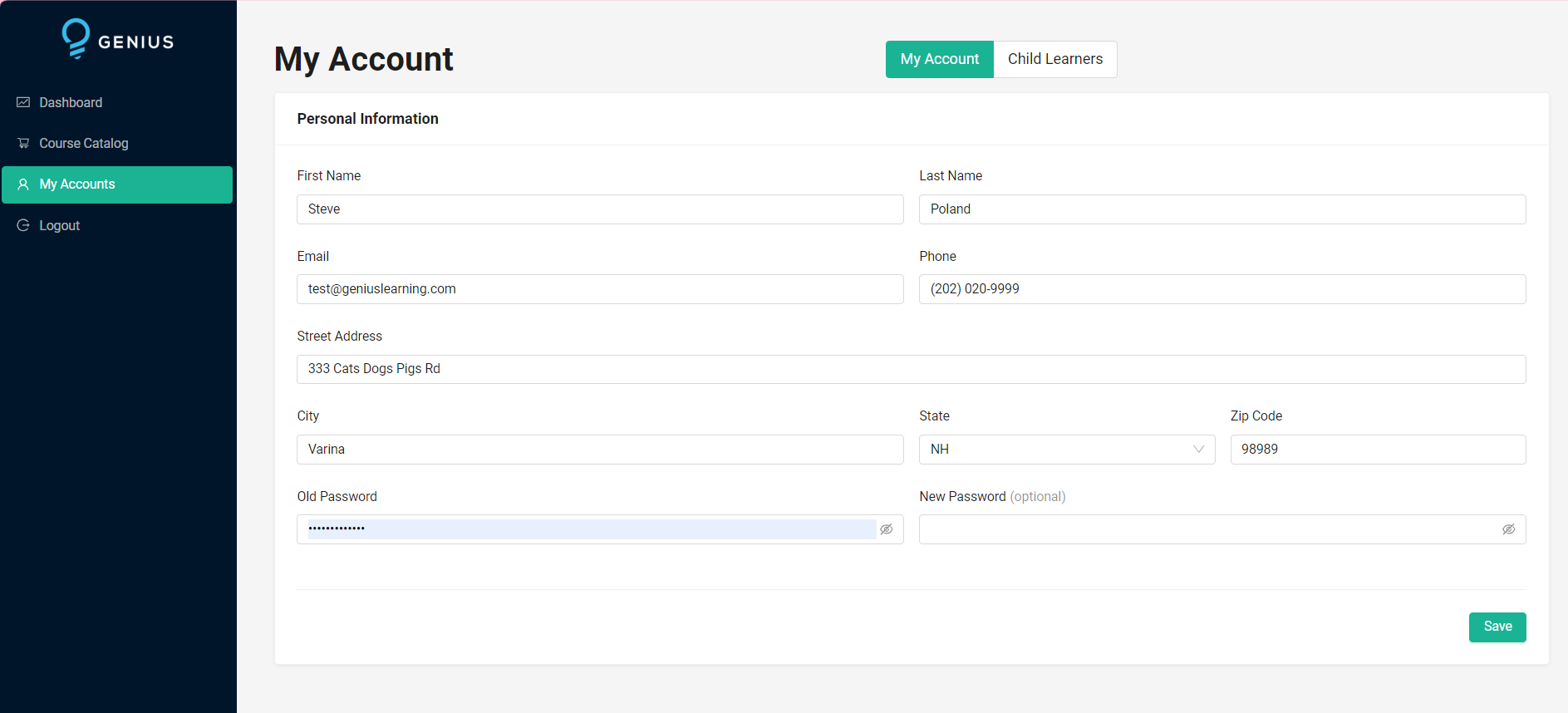 Screenshot of Learner Account Information