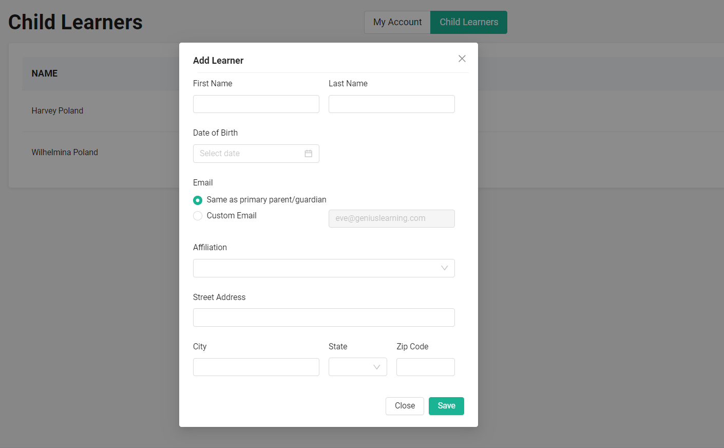 Screenshot of Adding New Child Learner