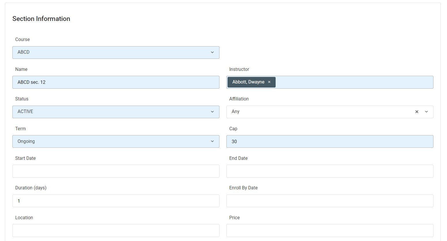Screenshot of Adding SectionS