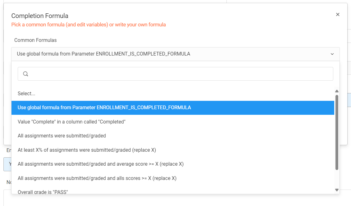 Screenshot of Completion Formulas