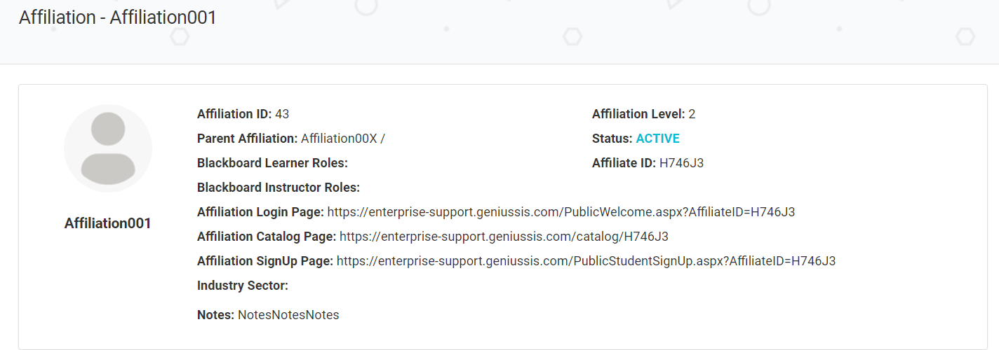 Screenshot of Affiliation Details
