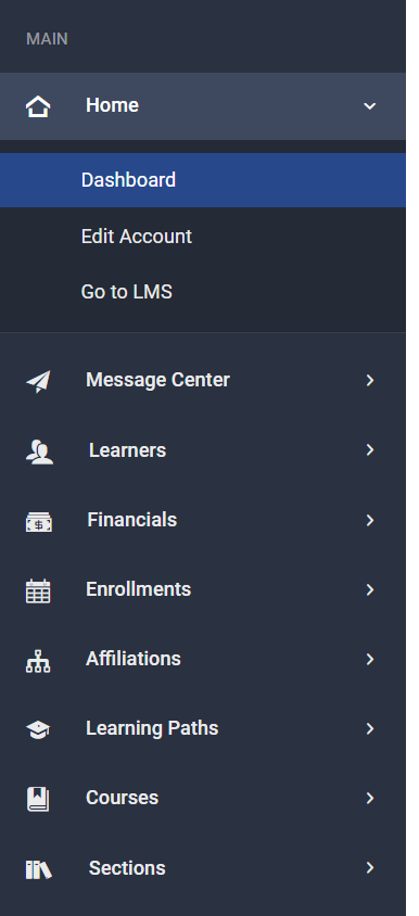 Screenshot of Admin Lefthand Menu
