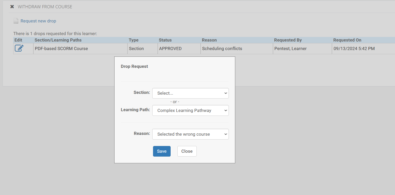 Screenshot of Drop Request Pop Up