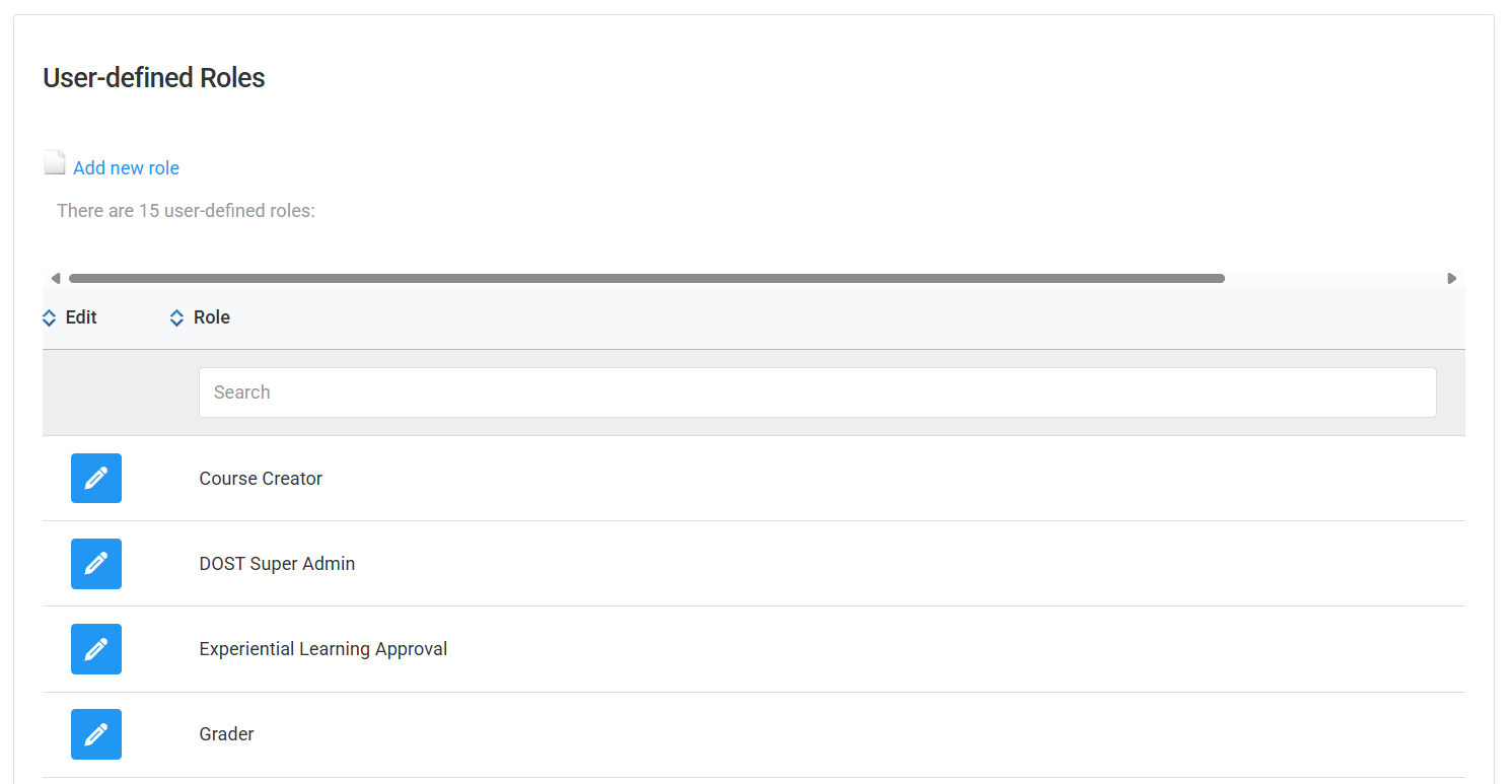 User Defined Roles page