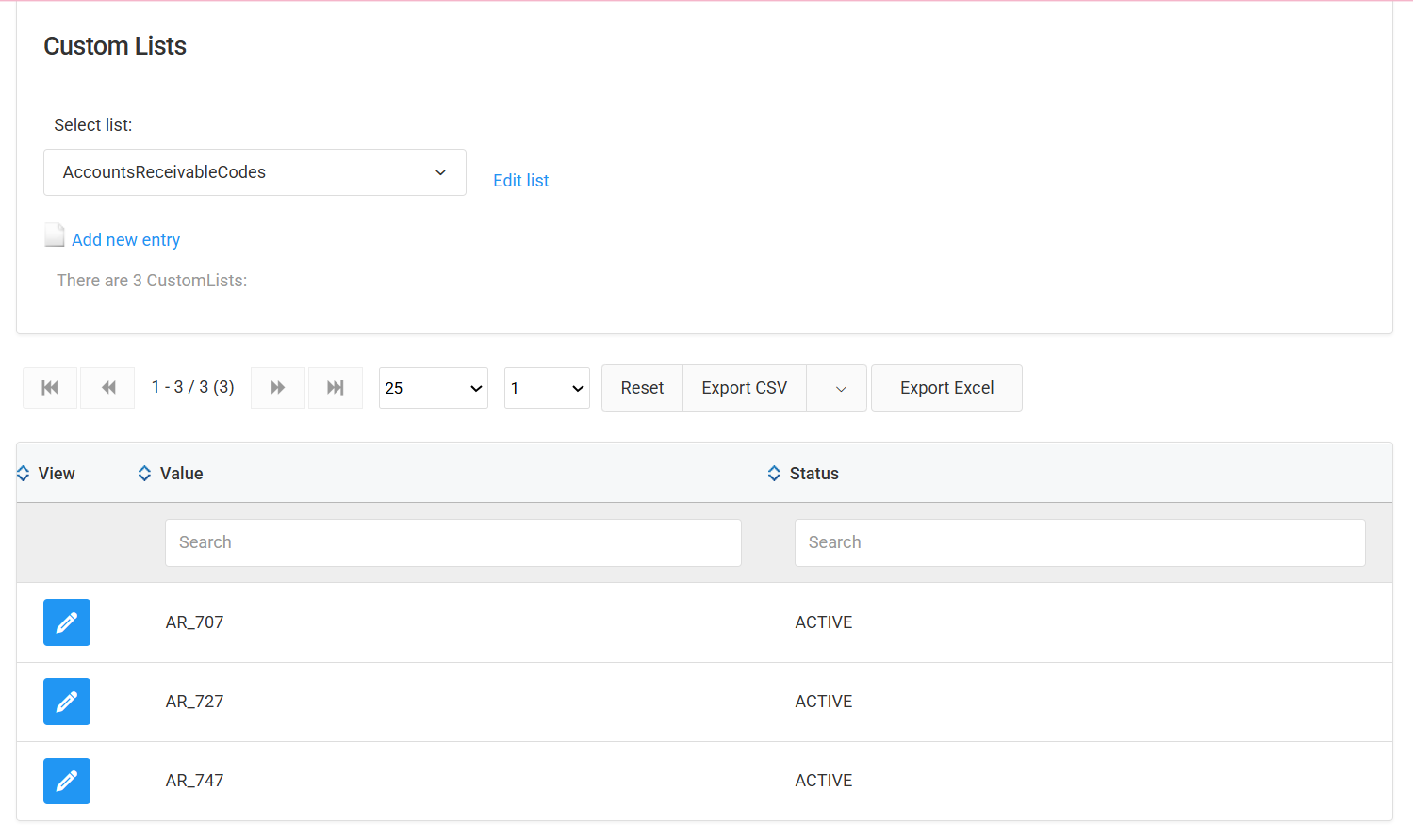 Custom Lists page with examples of custom list entries.
