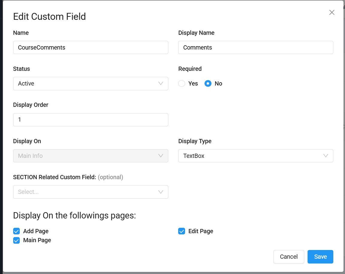 Pop up configuration to add or edit a custom field.