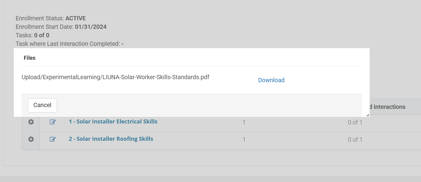 Screenshot of Downloading Experiential Learning Files