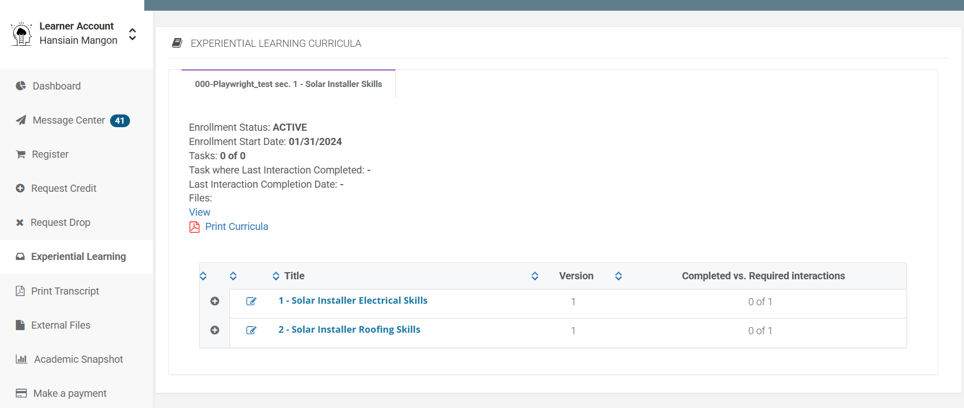 Screenshot of Learner Experiential Learning Tasks
