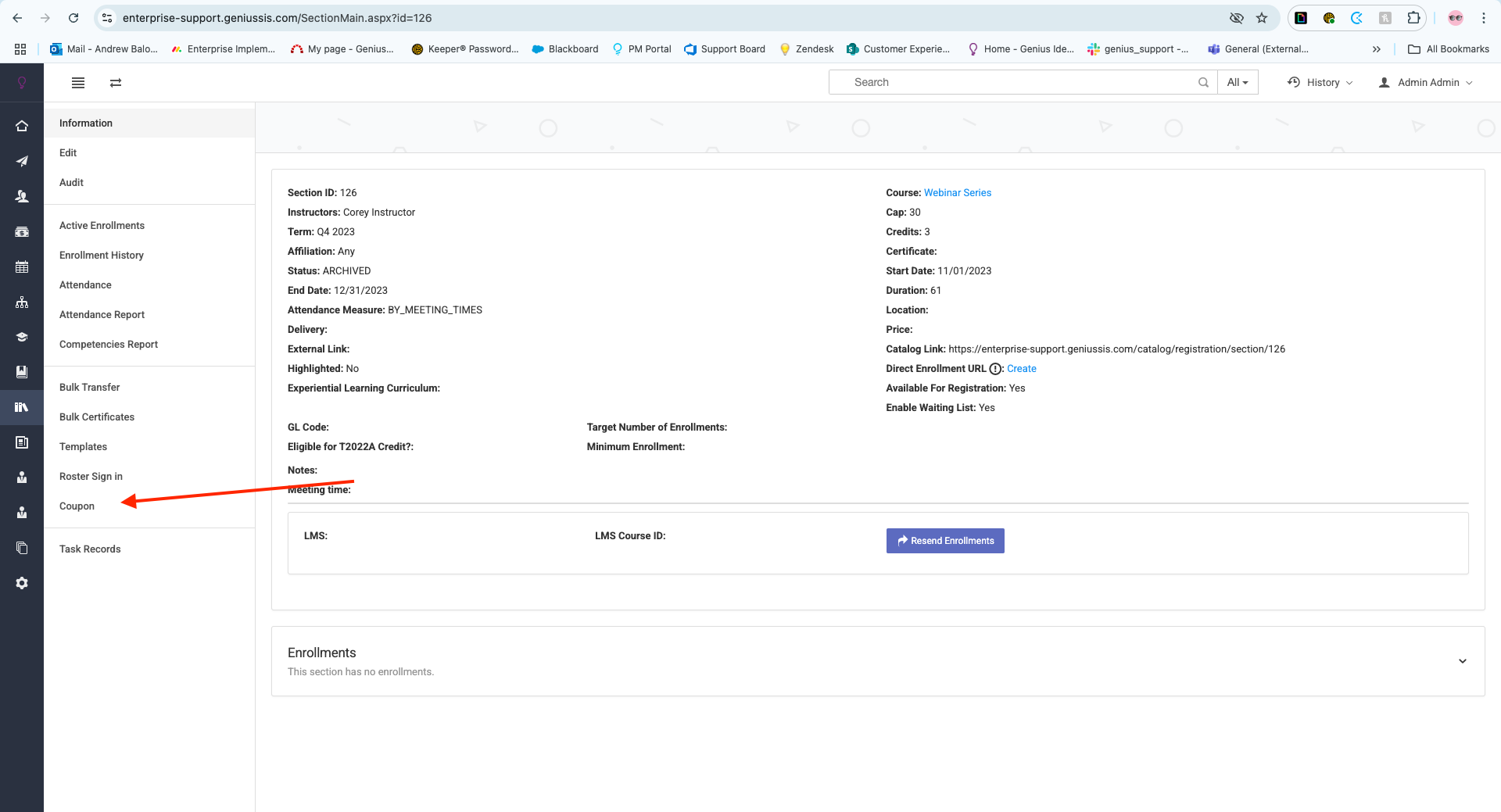 Screenshot Coupon Tab on Section