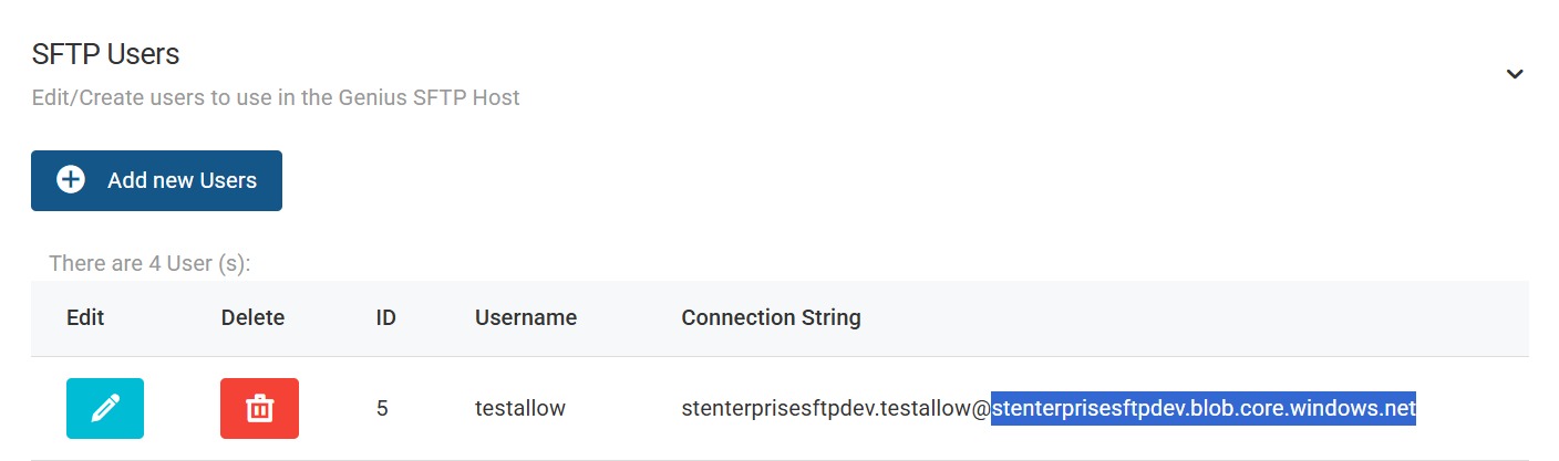 Picture of Users created on the SFTP server