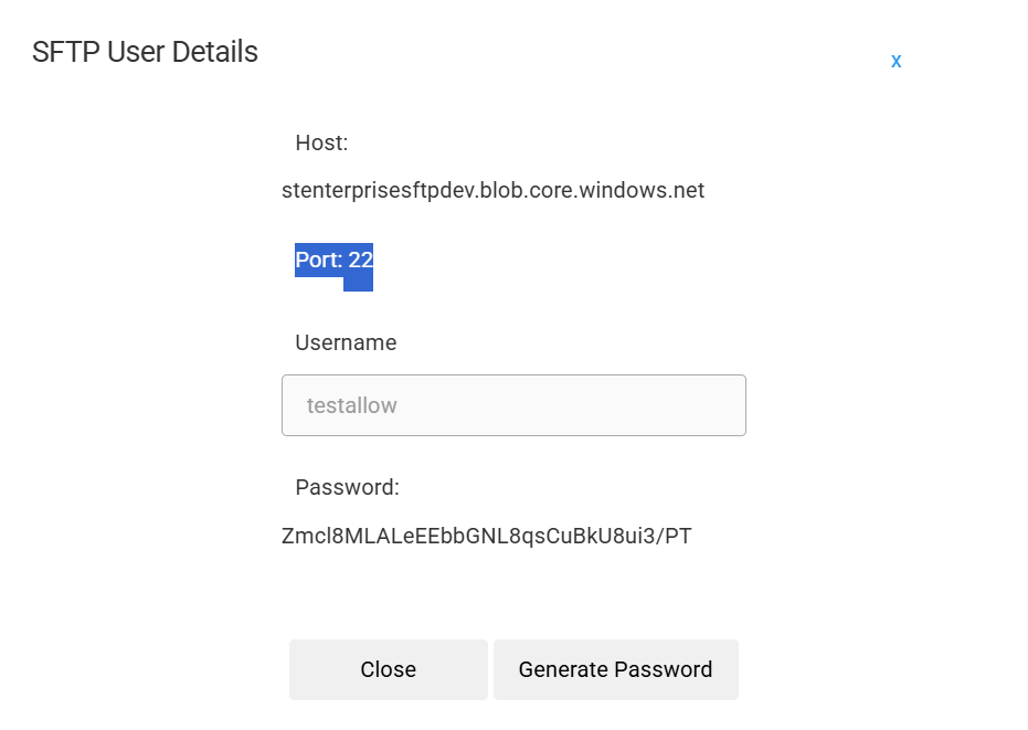 Image of the SFTP User Details with the Port highlighted