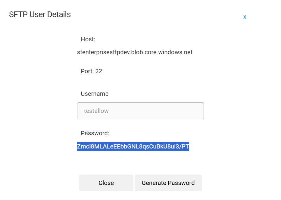 Image of the SFTP User Details with the password highlighted